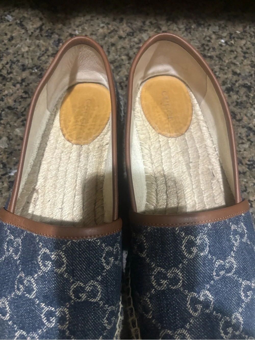 Gucci Denim Logo Espadrilles with Brown leather Trim